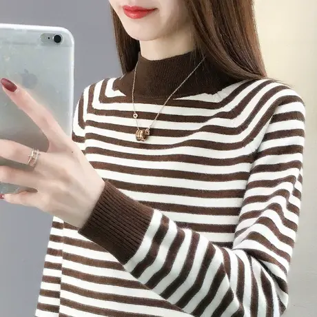 条纹打底衫秋装女2023年新款毛衣半高圆领拼色针织衫女宽松外穿商品大图
