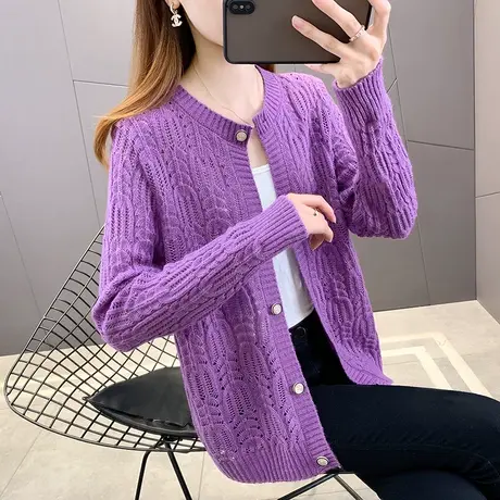 2023年秋装新款镂空圆领针织衫开衫短款外套纯色长袖女秋季上衣女图片