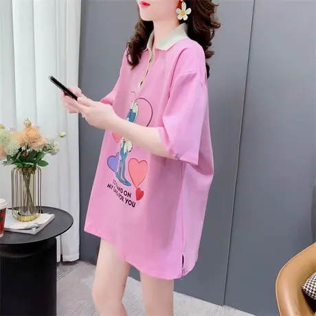 日系卡通Polo领短袖T恤女夏季2023年新款宽松设计感减龄甜美上衣图片