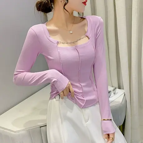 性感高腰低胸T恤打底衫女长袖2023春装新款设计感链条洋气上衣潮图片