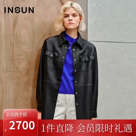 恩裳2023秋季新款利落复古衬衫式弹力挺括绵羊皮轻薄黑色皮衣外套商品大图