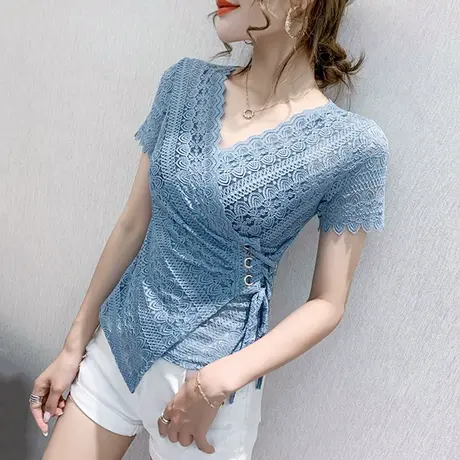 性感镂空V领蕾丝衫女短袖夏装个性不规则洋气上衣绑带收腰小衫潮商品大图