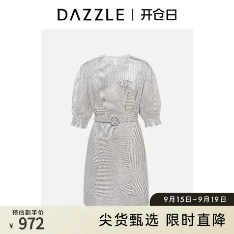 DAZZLE地素奥莱 春夏法式贴布装饰亚麻混纺条纹短袖连衣裙女商品大图