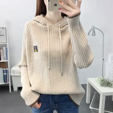 针织帽衫女新款宽松套头洋气百搭连帽针织衫女2023年春秋毛衣百搭图片