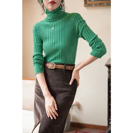 弥古法式绿色高领针织衫春秋修身毛衣内搭上衣女高级感显瘦打底衫商品大图