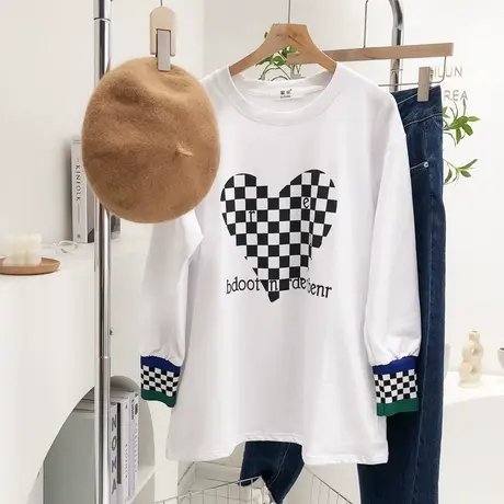 2022早春新款韩国东大门棋盘格螺纹磨毛加绒长袖T恤秋冬打底大码商品大图