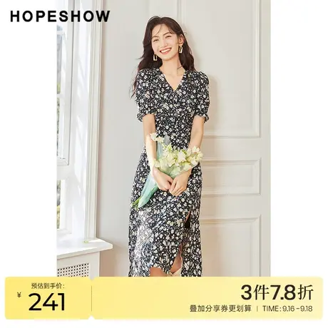红袖outlets浪漫碎花裙hopeshow2023夏季新款女装开叉V领连衣裙图片