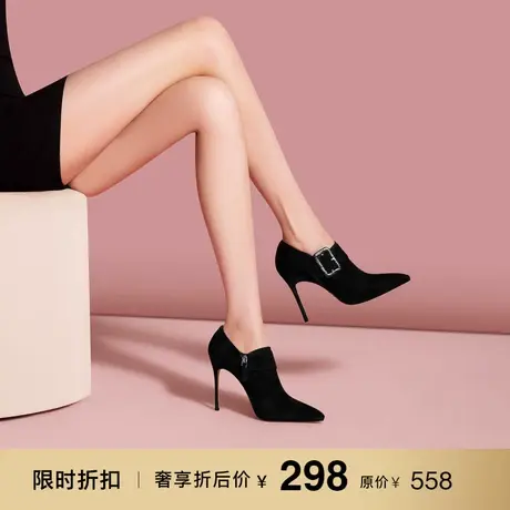 熙漫2023秋冬新款百搭绒面及踝靴欧美细跟黑色气质尖头高跟女靴子图片
