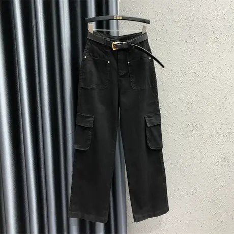 欧货黑色多口袋设计工装牛仔长裤女2023秋季新款高腰显瘦直筒裤潮商品大图