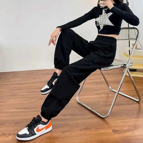 黑色工装裤女2023年春秋新款小个子宽松显瘦束脚运动裤休闲阔腿裤商品大图