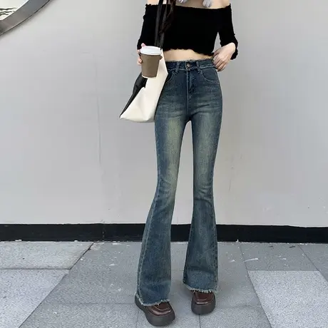 高街牛仔微喇裤女士秋季时尚毛边高腰拼接马蹄裤港式复古鱼尾裤潮图片