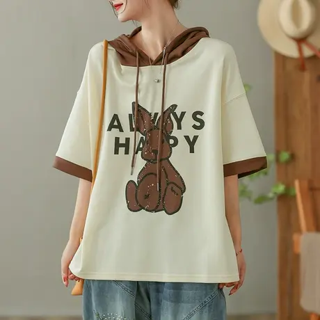 dza复古卡通连帽纯棉T恤女2023夏季短袖打底体恤宽松外搭套头上衣商品大图