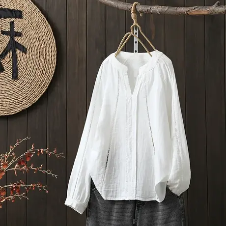 枫谜2023春季新款文艺复古镂空拼接V领长袖套头衬衫宽松百搭早春商品大图