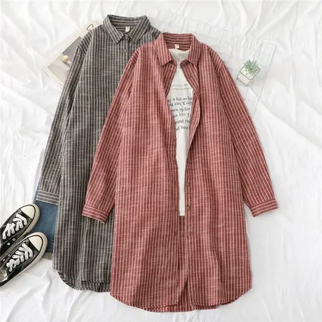 2020春秋新款复古纯棉中长款文艺条纹衬衫女韩版长袖宽松衬衣外套图片
