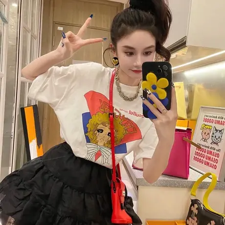 美式复古短袖t恤女2022新款大码宽松韩版设计感小众ins超火上衣服商品大图
