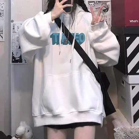 白色加绒加厚卫衣女oversize设计感小众宽松bf慵懒风秋冬连帽外套商品大图