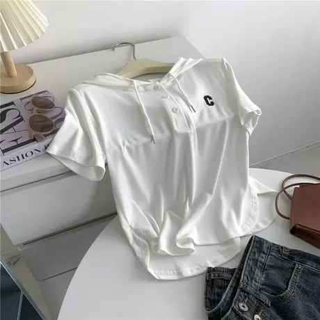 刺绣字母短袖连帽T恤女宽松短款垂坠感学生帽衫简约设计感上衣 秋商品大图