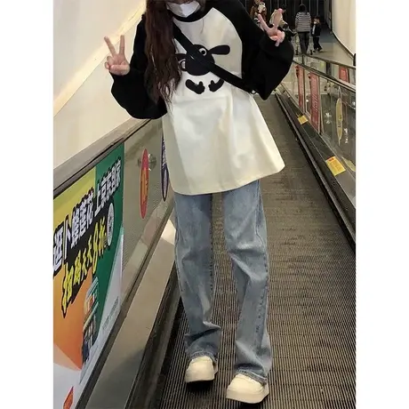 童趣风纯棉长袖T恤女秋季宽松百搭撞色拼接设计感小众插肩袖上衣商品大图