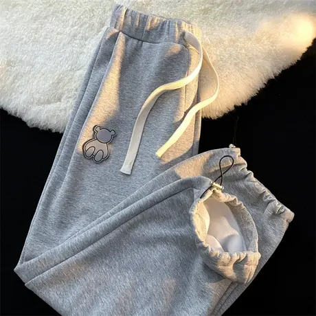 小熊加绒加厚裤子女2023新款秋冬潮ins港风宽松阔腿运动束脚卫裤商品大图