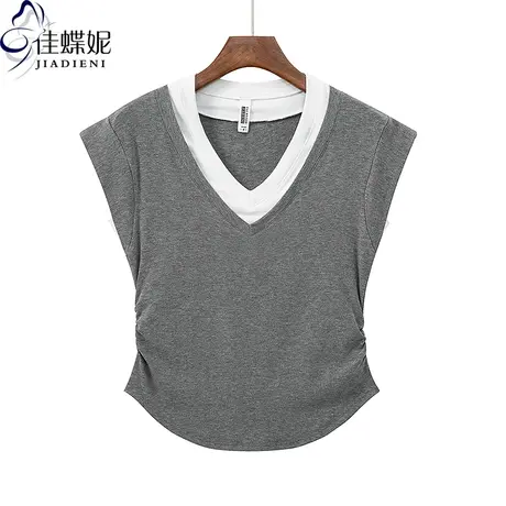 夏季新款V领假两撞色修身纯欲褶皱纯棉短袖体恤上衣内搭女打底衫图片