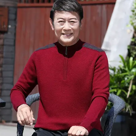 新款加厚100%纯羊毛衫男士中老年本命年红色毛衣拉链爸爸装上衣服商品大图