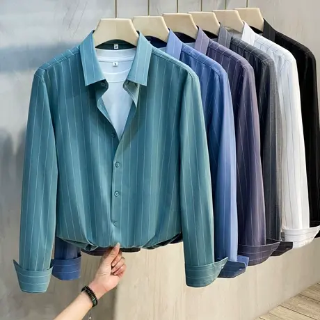 抗皱商务衬衫男秋无缝商务休闲上衣高级感长袖条纹衬衣修身正装潮商品大图