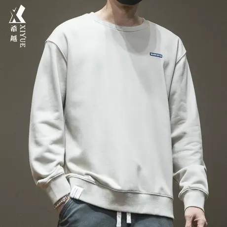 希越秋冬浅色套头卫衣男圆领秋季新款大码男士加绒加厚内搭打底衫商品大图