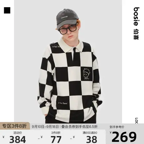 【小王子】bosie2023年夏季新款长袖Polo衫男情侣棋盘格Polo上衣商品大图