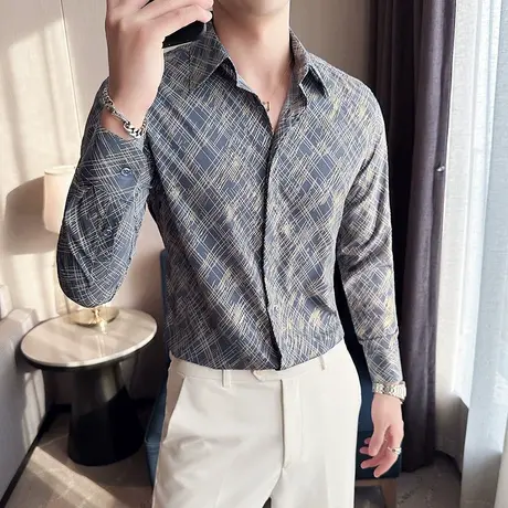 男士双层暗门襟长袖衬衫春夏2023年休闲痞帅垂坠修身气质印花上衣商品大图