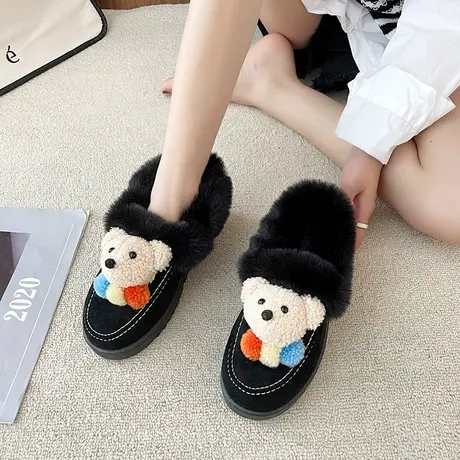 毛毛棉鞋女2023冬季外穿加绒保暖平底一脚蹬卡通小熊可爱雪地靴女图片