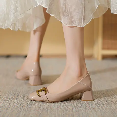 法式高跟鞋女方头2023年春季新款时尚漆皮浅口粗跟单鞋气质职业鞋图片