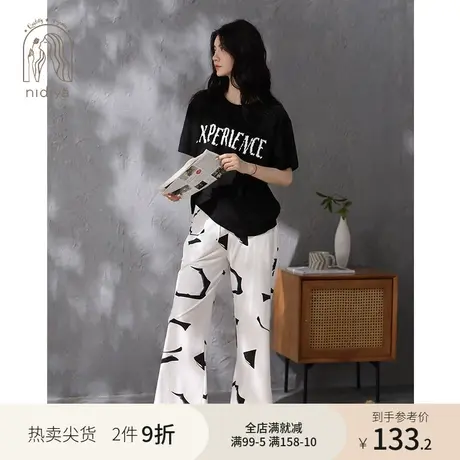 妮狄娅睡衣女士夏季纯棉短袖九分裤可外穿套头休闲圆领家居服套装商品大图