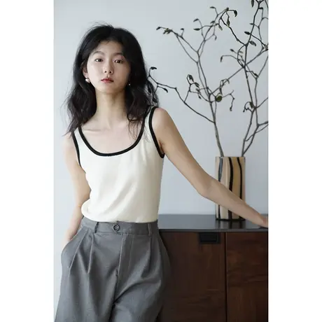 嘉茱莉2025春季新款针织吊带背心女甜辣短款小上衣撞色包边小吊带图片