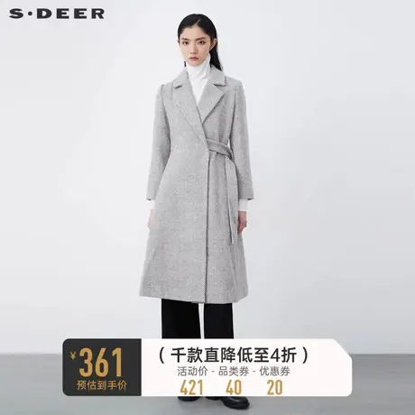 sdeer圣迪奥秋冬休闲翻领条纹拼接毛呢长款通勤大衣女S20481814图片