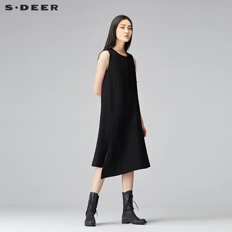 sdeer圣迪奥女2018冬质感线迹不对称开衩底摆无袖连衣裙S17481232图片