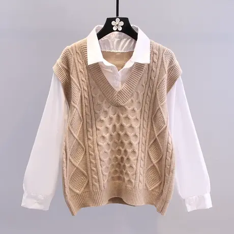 学院风时尚减龄针织马甲拼接假两件衬衫女2023年秋冬新款长袖衬衣商品大图