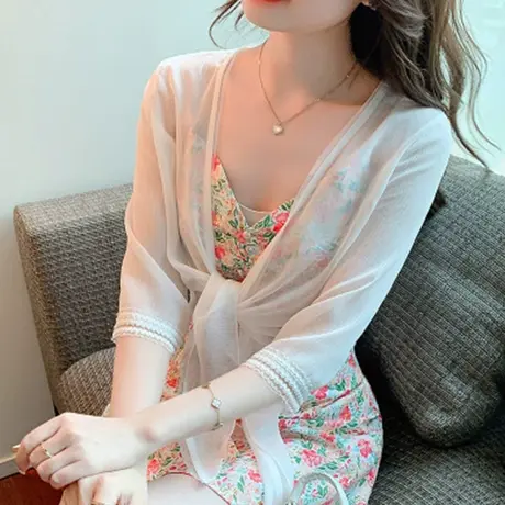 夏季雪纺蕾丝短款防晒披肩配裙子时尚洋气薄款外套高档外搭罩衫女图片