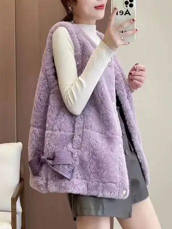 2023秋冬新款女士马甲蝴蝶结背心皮毛一体坎肩羊羔绒马夹外套百搭商品大图