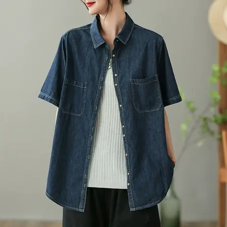 dza 复古做旧牛仔衬衫女2023夏纯棉短袖衬衣宽松显瘦外搭开衫上衣图片