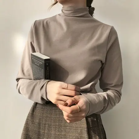 莫代尔半高领加绒加厚打底衫女卡其色秋冬季内搭洋气上衣百搭黑色图片