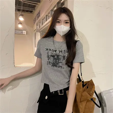 灰色正肩T恤小众打底衫内搭短款上衣女夏季修身显瘦短袖体恤ins潮商品大图