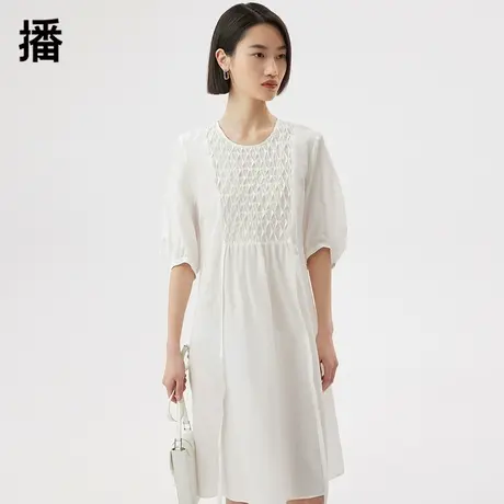 播连衣裙女2023夏秋新款小众折纸压褶设计感泡泡袖高腰系带中长裙图片