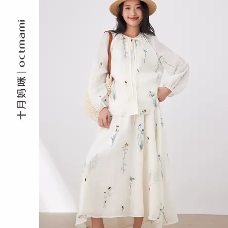 十月妈咪孕妇套装2025新款夏季薄款外穿宽松圆领刺绣半身裙夏装商品大图