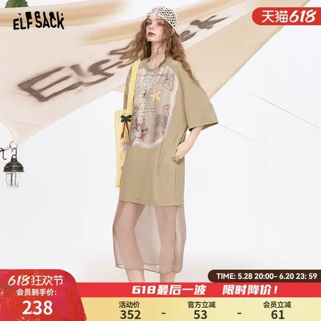 妖精的口袋网纱拼接印花短袖连衣裙女2025年夏季新款宽松休闲裙子图片