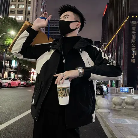 个性撞色连帽冲锋衣外套男秋季新款潮牌痞帅户外机能防风工装夹克商品大图