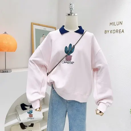 小个子上衣2023春秋薄款韩国东大门仙人掌印花polo领长袖卫衣休闲图片