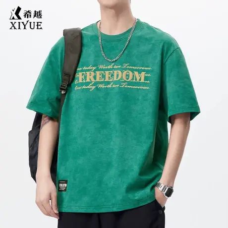 美式潮牌男装t恤2025夏季新款宽松大码绿色扎染圆领短袖打底衫男图片
