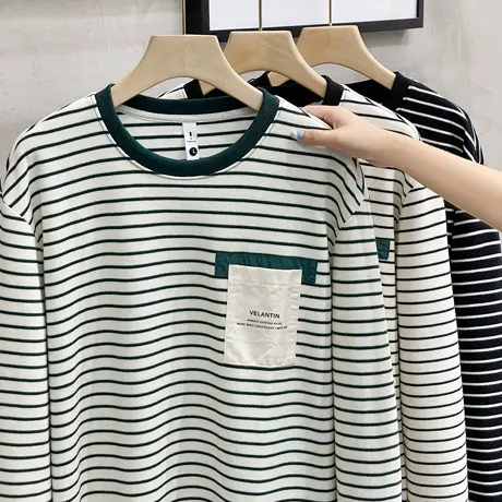 秋季新款日系针织条纹长袖t恤宽松休闲上衣圆领卫衣男春秋潮牌ins图片