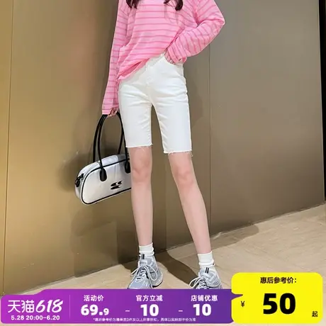 唐狮春夏季新款牛仔中裤女毛边骑行裤外穿五分裤紧身弹力显瘦裤子商品大图