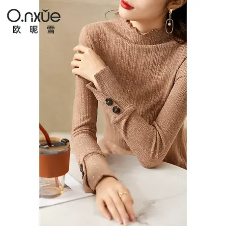 欧昵雪2023冬季新款时尚波边半高领打底针织衫女长袖修身内搭毛衣商品大图